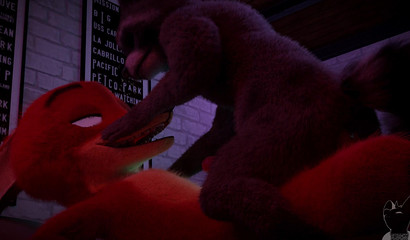 A raccoon from Zveropolis rides on a member of Nick Wilde's fox