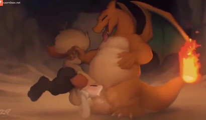 Huge Charizard fucks a furry Pokemon in the mouth and pussy