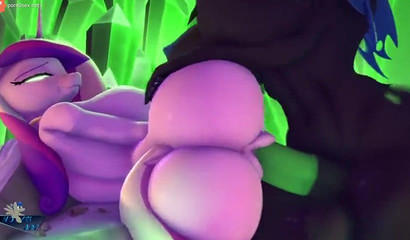 A huge cock of a futanari horse fucks the pussy and mouth of a cartoon unicorn