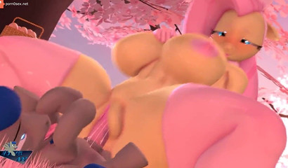 Busty pony Fluttershy rides a horse cock and squirts, 3D porn