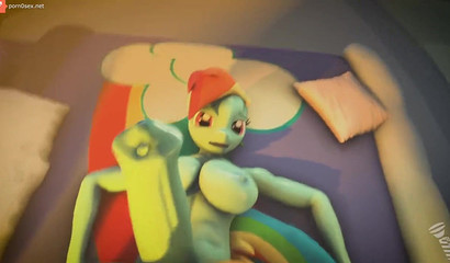 Futanari filly Applejack tries to make Rainbow Dash orgasm, 3D porn