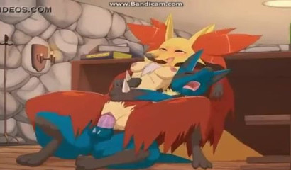 Lucario Threesome Porn - Pokemon Delphox got cum in her pussy after having sex with Lucario