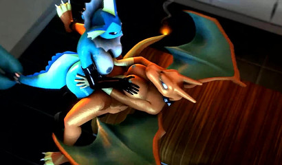 A sea pokemon with a futanari dick fucks a Chirizard on the table