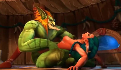 A huge orc fucks and pours sperm on an elf girl from the game World of Warcraft