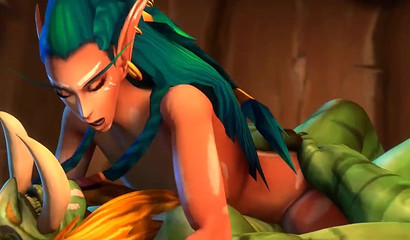 An old troll and an elven beauty in the porn cartoon World of Warcraft