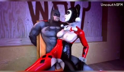 Cartoon hooligan Harley Quinn fingering a dick with boobs and fucks with everyone
