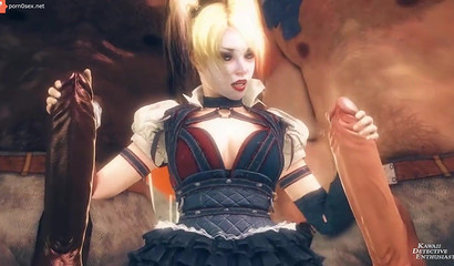 Cartoon slut Harley Quinn tries to tame huge monster cocks