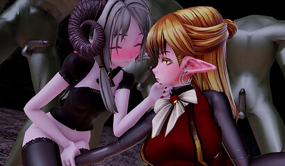 A crowd of monsters fuck big-boobed girls and cum in their pussies! Hentai 3D