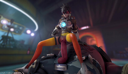 Tracer tries to suck Roadhog's huge cock. Overwatch 3D porn