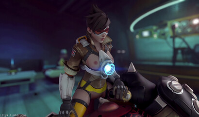 Tracer tries to suck Roadhog's huge cock. Overwatch 3D porn