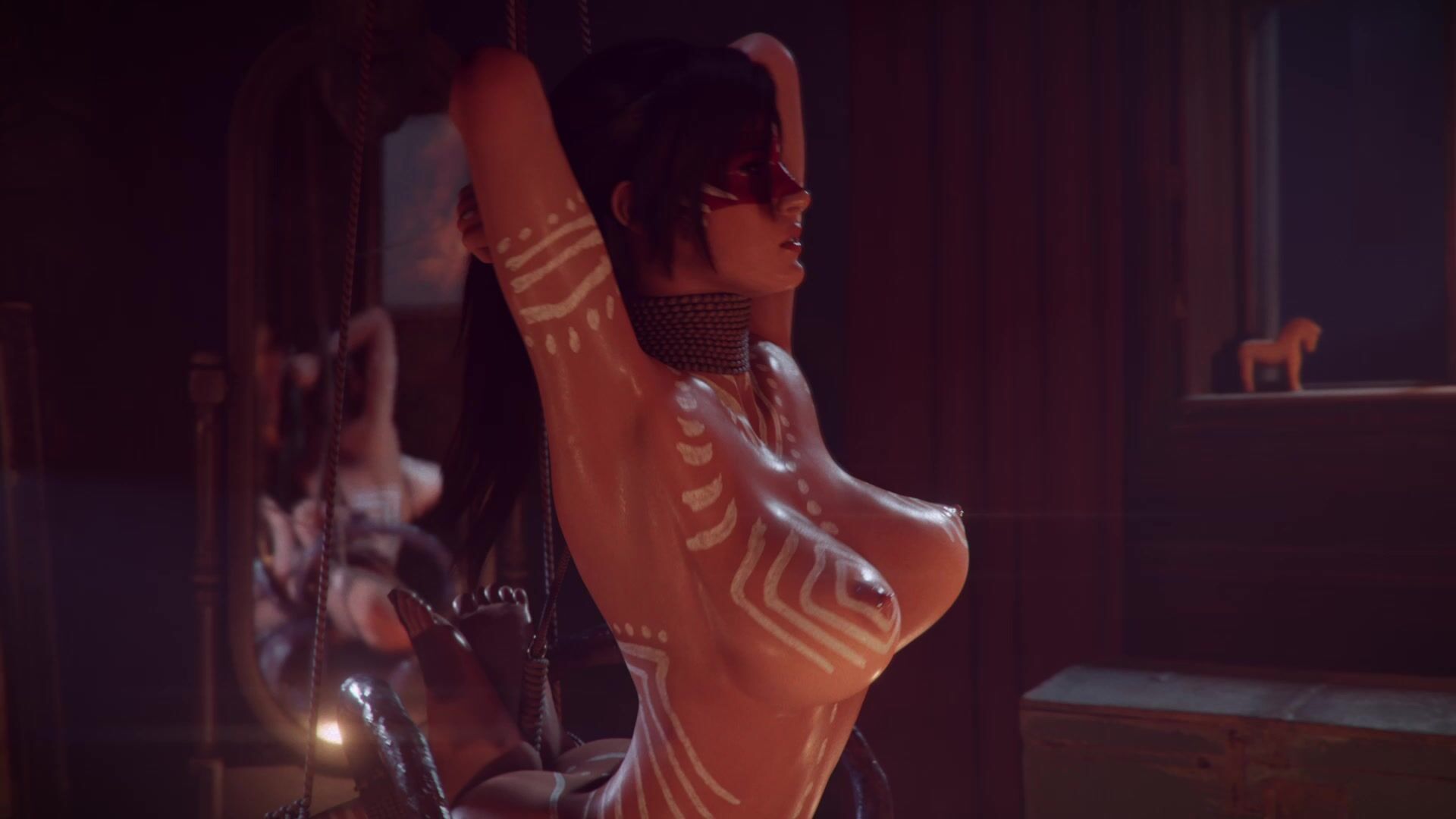 Безжалостные щупальца внутри связанной Lara Croft! Жесткое 3D порно