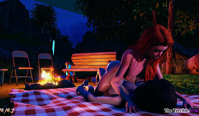 DickGirl and red-haired girl have sex in nature by the campfire