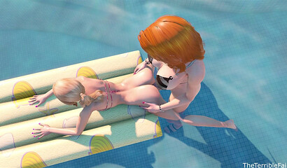 Red-haired futanari fucks a girl hard in the pool! 3D porn