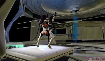 Hard oral sex on a spaceship with futanari and a chained girl
