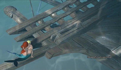 Hot sex with the little mermaid Ariel underwater on a broken ship, 3D porn