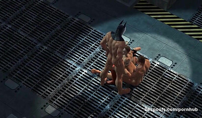 Batman and Robin impale slut Harley Quinn on their dicks, porn cartoon