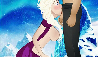 Snow White on her knees, giving a deep blowjob, porn cartoon