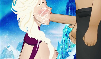 Snow White on her knees, giving a deep blowjob, porn cartoon