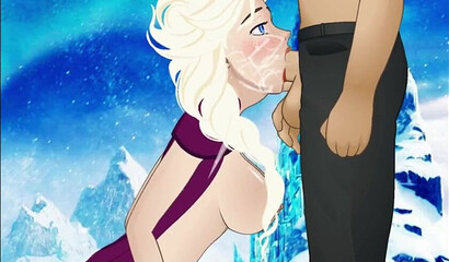 Snow White on her knees, giving a deep blowjob, porn cartoon