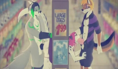 Sex with a supermarket, cartoon Furry gets fucked by two dicks