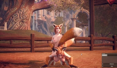 Red-haired Furry with a long tail has sex outdoors with a futanari fox