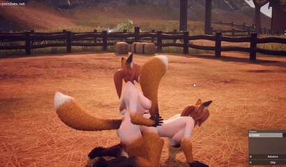 Red-haired Furry with a long tail has sex outdoors with a futanari fox