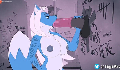 Blonde Furry with big tits gives deep blowjob in the toilet