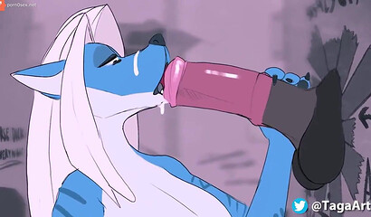 Blonde Furry with big tits gives deep blowjob in the toilet