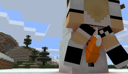 A girl from Minecraft climbed on a carrot to a Snowman