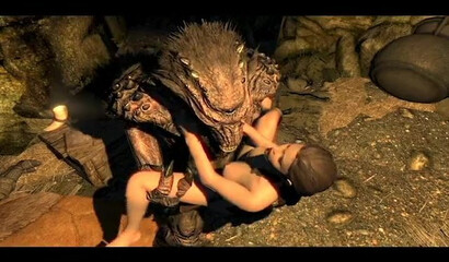 A huge monster from the game Skyrim rapes a girl in a cave