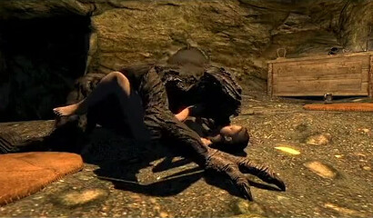 A huge monster from the game Skyrim rapes a girl in a cave