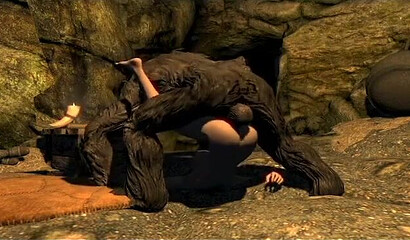 A huge monster from the game Skyrim rapes a girl in a cave