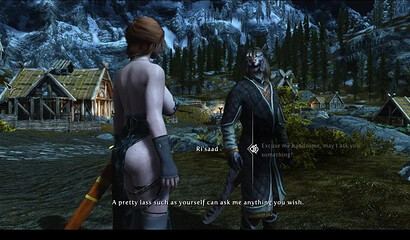 A red-haired girl has sex with a cat (Lore) in the porn game Skyrim