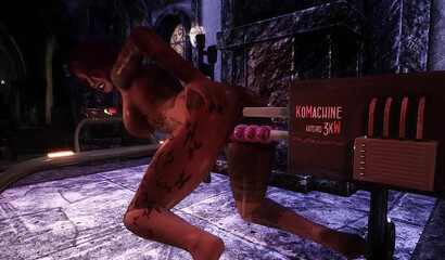 A sex machine with two dildos penetrates the holes of a beauty, 3D porn Skyrim