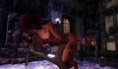 A sex machine with two dildos penetrates the holes of a beauty, 3D porn Skyrim