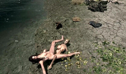 Medieval lesbian sex by the river in the hot porn game Skyrim