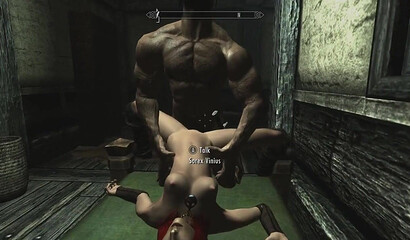 A muscular warrior enjoys sex with a red-haired whore in the porn game Skyrim