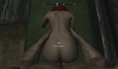 A muscular warrior enjoys sex with a red-haired whore in the porn game Skyrim