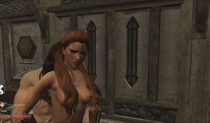Sex in a brothel with a long-haired prostitute in the porn game Skyrim