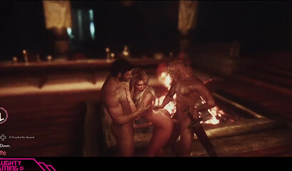 Blonde beauty sucks two big cocks of warriors, 3D porn Skyrim