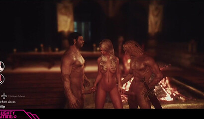 Blonde beauty sucks two big cocks of warriors, 3D porn Skyrim