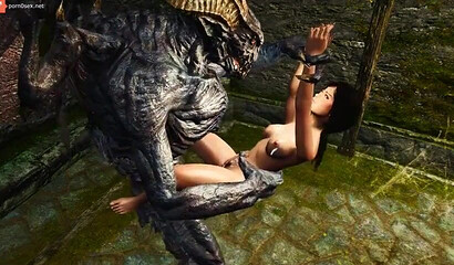 A monster with wings rapes a brunette in the harsh world of Skyrim, 3D porn