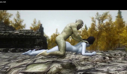 Savage and blue-haired beauty have sex by the fire, Skyrim porn
