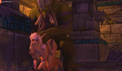 A huge monster rapes a tied up elf from the game World of Warcraft