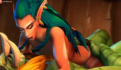 A bearded orc fucks and pours sperm on a big-eared elf, porn cartoon Warcraft