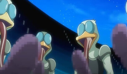 Alien ducks fuck a busty blonde in all holes in a porn cartoon