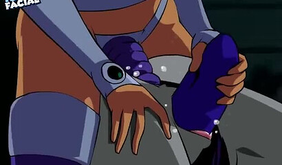 Lesbian anime: girlfriends Starfire and Raven fuck with strapon