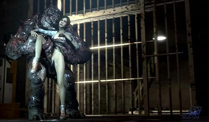 A disgusting monster fucks a women's prison inmate in the doggie position.