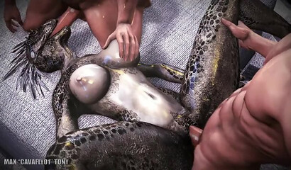 Male warriors fuck in two holes a busty lizard from the game Skyrim