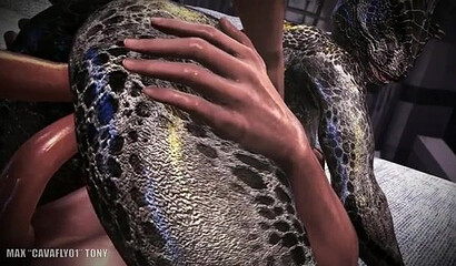 Male warriors fuck in two holes a busty lizard from the game Skyrim